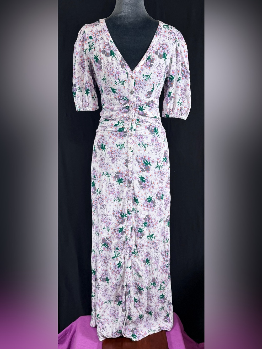 By TiMo Dress Lavender Floral Maxi with V-Neck and Gathered Waist lilac retro